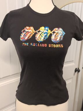 the Rolling Stones Black Tee with Multicolor Triple Tongue Graphic